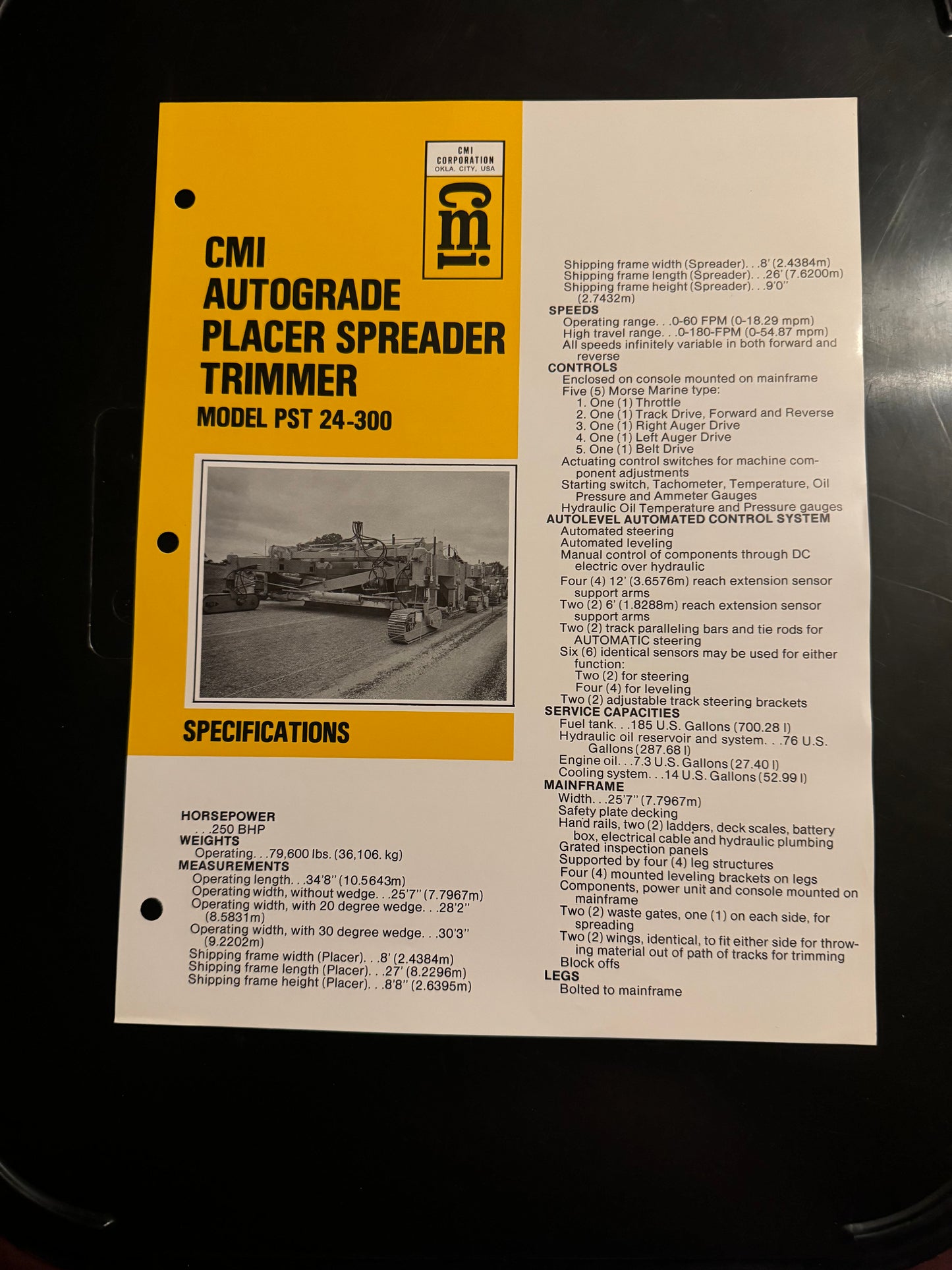 CMI _ Autograde Placer Spreader Trimmer model PST 24-300 Specifications