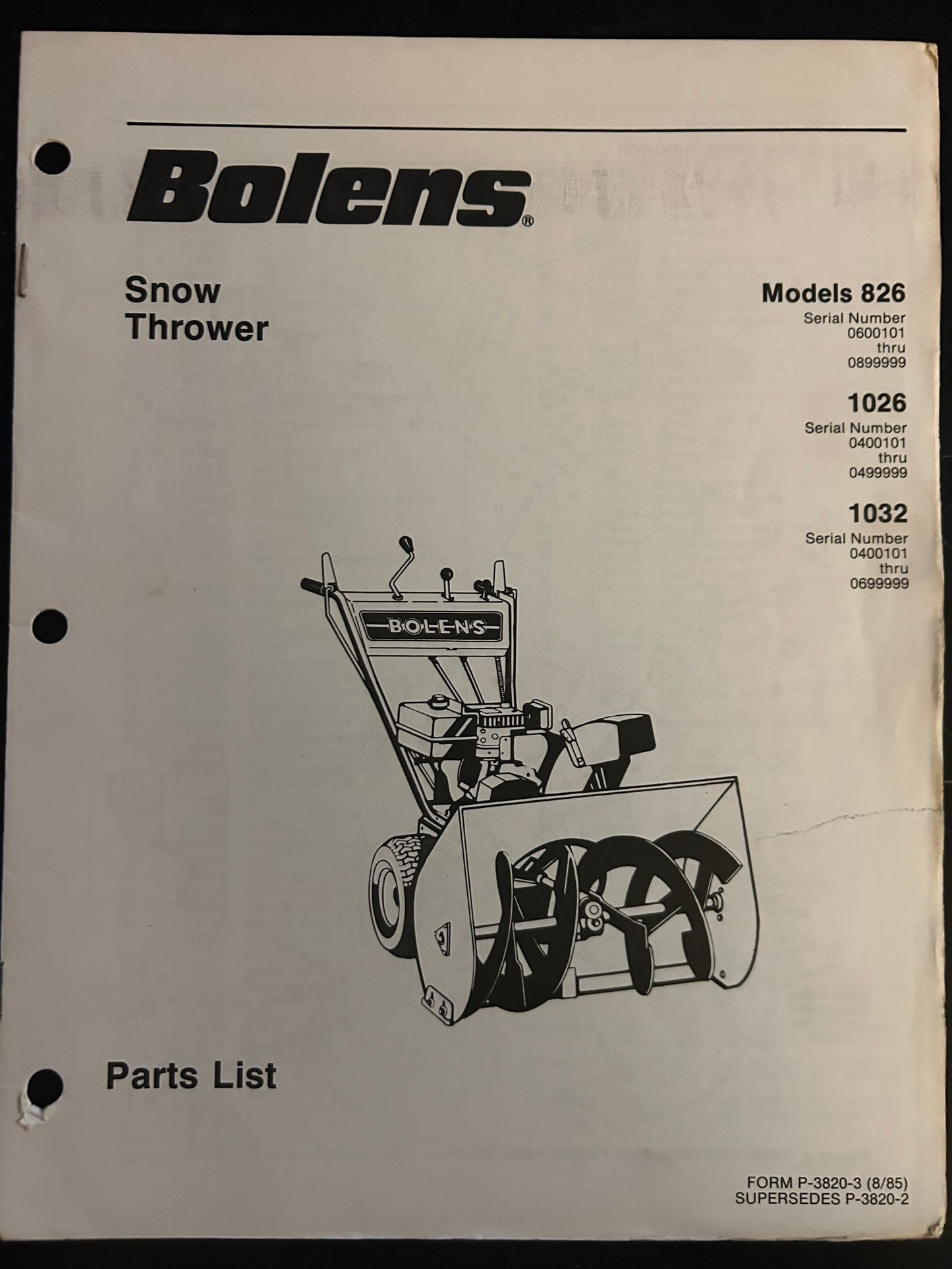 Bolens _ Snow Thrower model 826, 1026 & 1032 _ Parts List