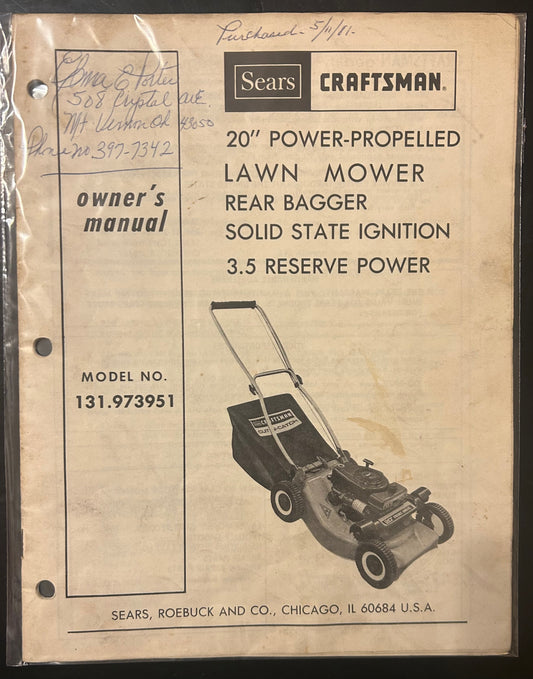 Sears _ 20" Power-Propelled Lawn Mower Rear Bagger Solid State Ignition _ Owner’s Manual
