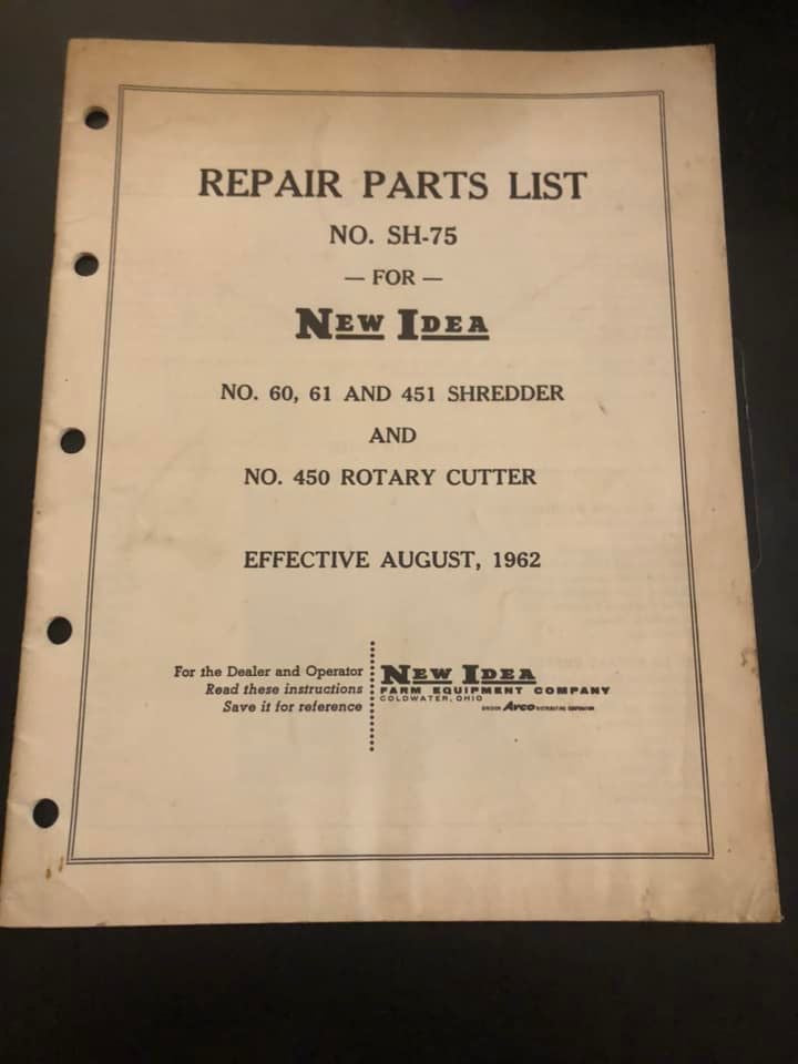 New Idea _ no 60, 61 &  451 Shredders and no 450 Rotary Cutter _ Repair Parts List