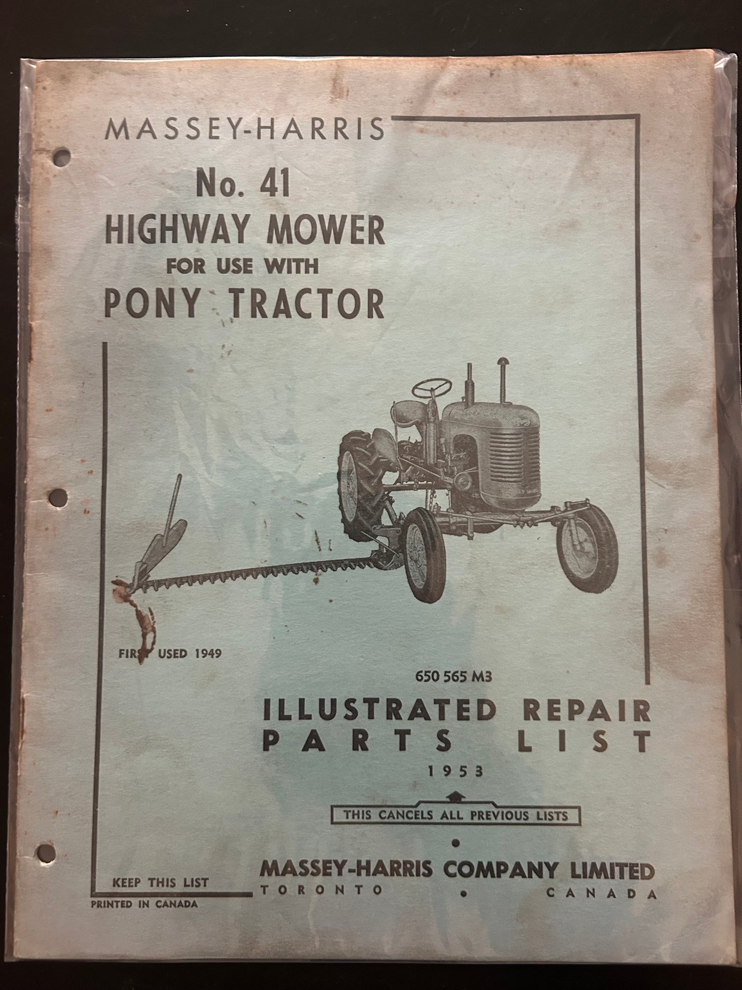 Massey Harris _ No. 41 Highway Mower for use w/ Pony: Tractor _ Illustrated Parts List