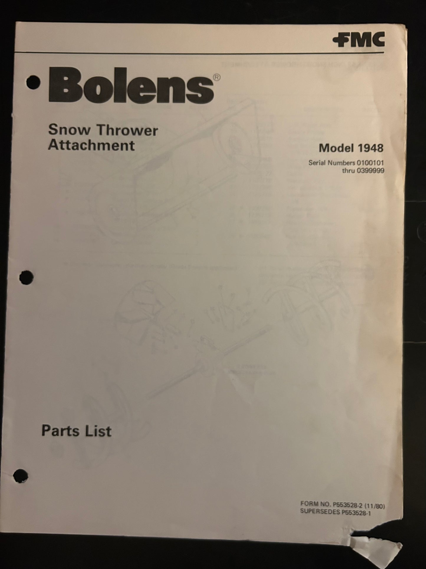 Bolens _ Snow Thrower Attachment model 1948 _ Parts List