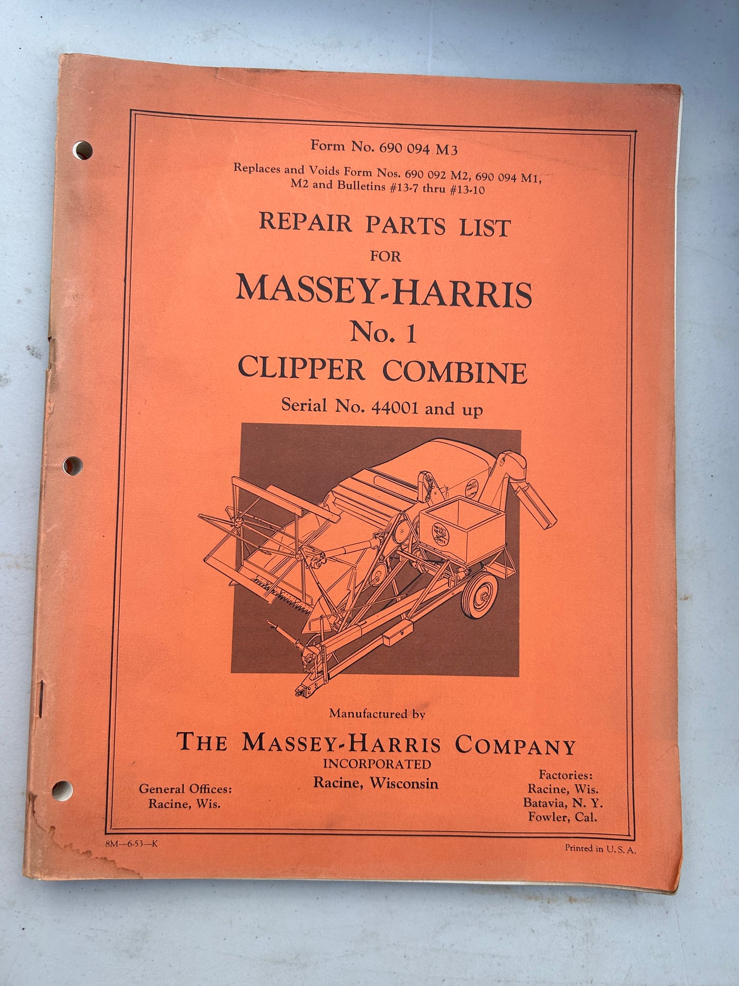 Massey-Harris No 1 Clipper Combine _  Repair Parts List