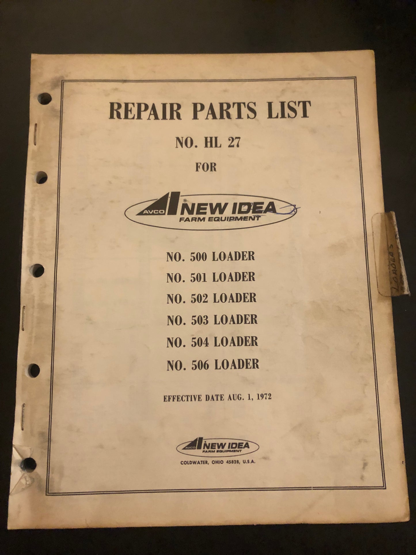 New Idea _ no 501, 502, 503, 504, 506 Loader HL27 _ Repair Parts List