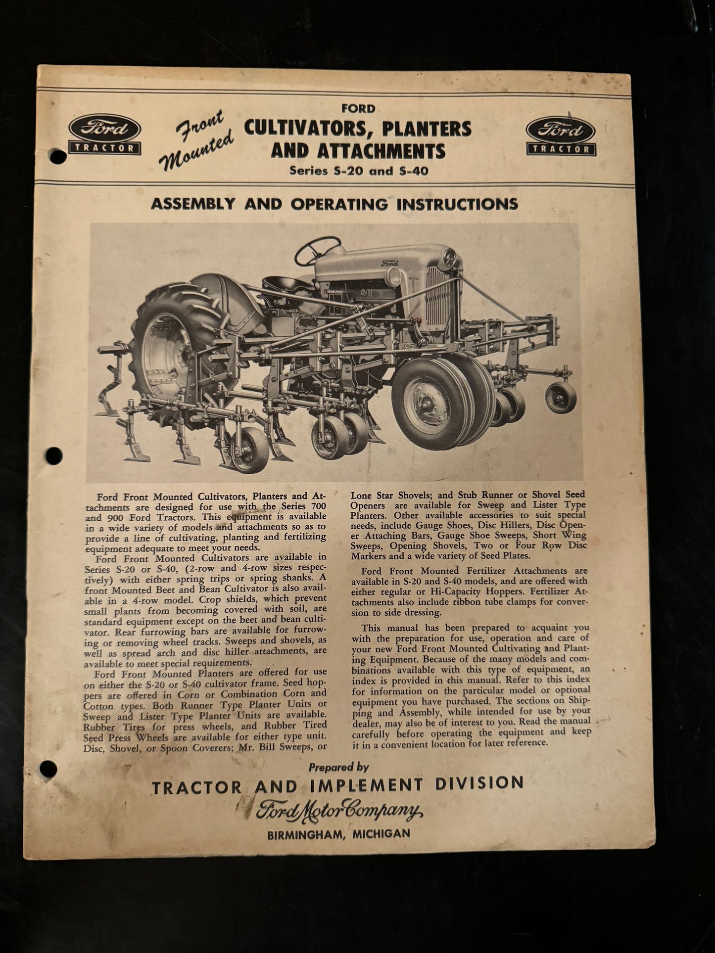 Ford _ Cultivators, Planters & Attachments S-20 & S-40 _ Assembly & Operating Instructions