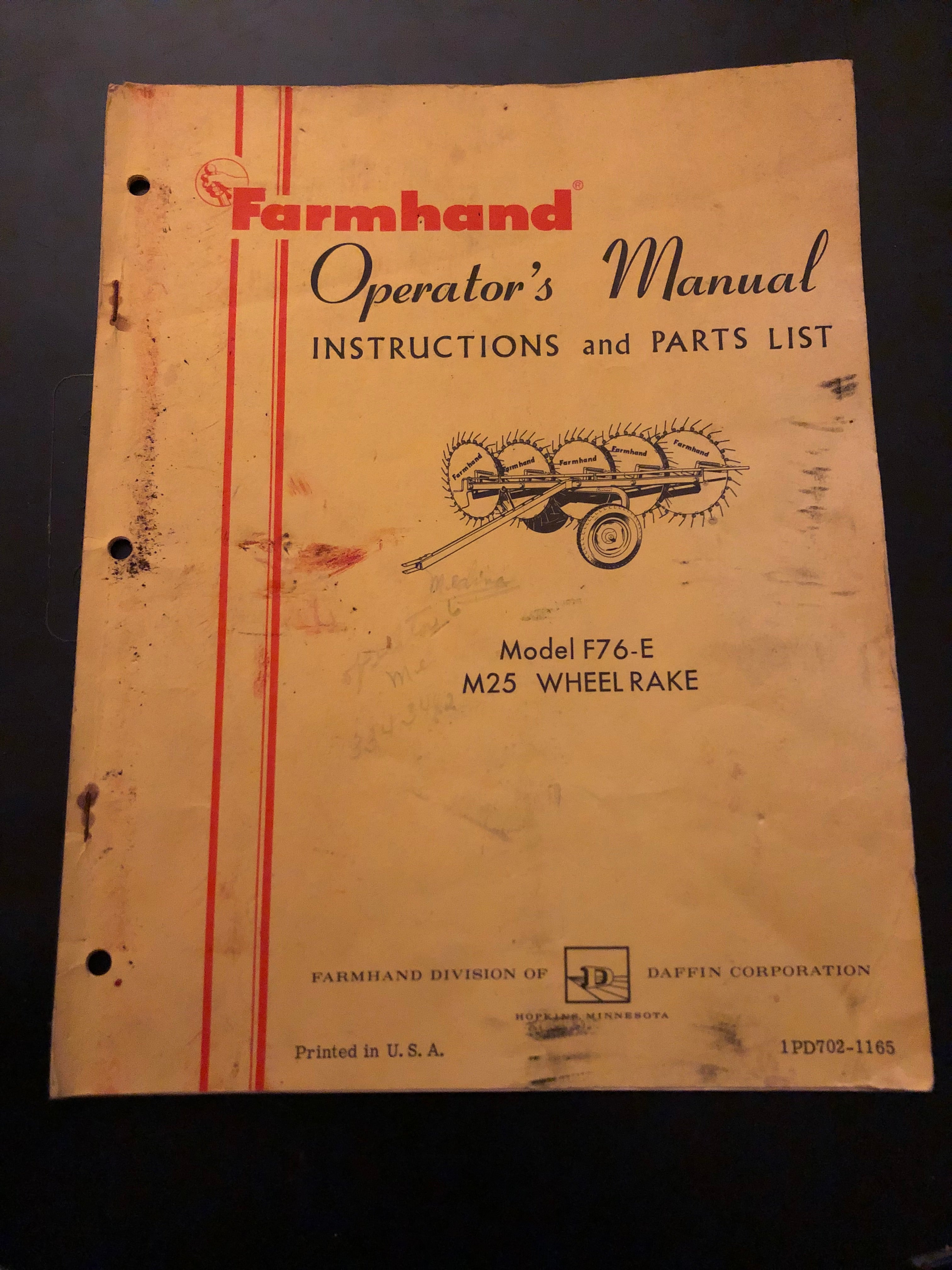 Farmhand _ Model F76-E M25 Wheel Rake _ Operator’s Manual, Instruction ...