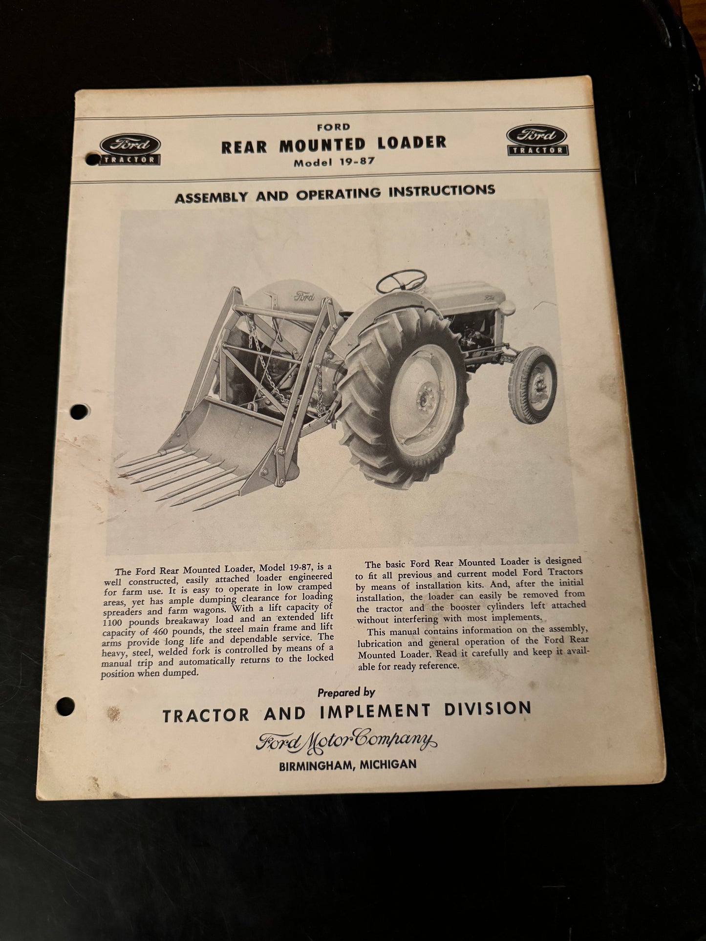 Ford _ Rear Mounted Loader model 19-87 _ Assembly & Operating Instructions