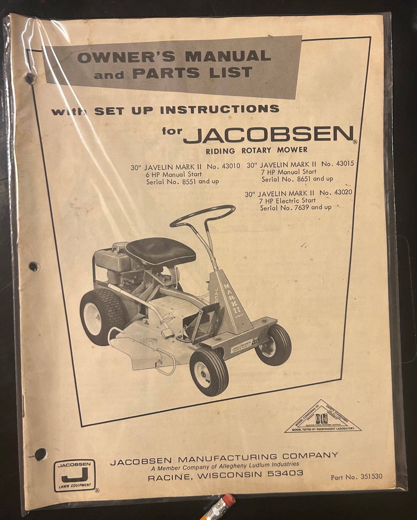 JACOBSEN _ 30" Javelin Mark II No. 43010 & 43015 _ Owner’s Manual & Parts List