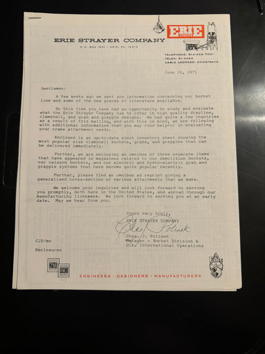 Vintage Erie Marketing letter and price sheet