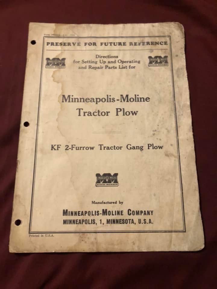 Minneapolis-Moline _ KF 2-Furrow Tractor Gang Plow _ Directions for Setting Up and Operating & Repair Parts List