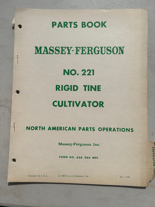 Massey Ferguson No 221 Rigid Tine Cultivator  _ Parts Book