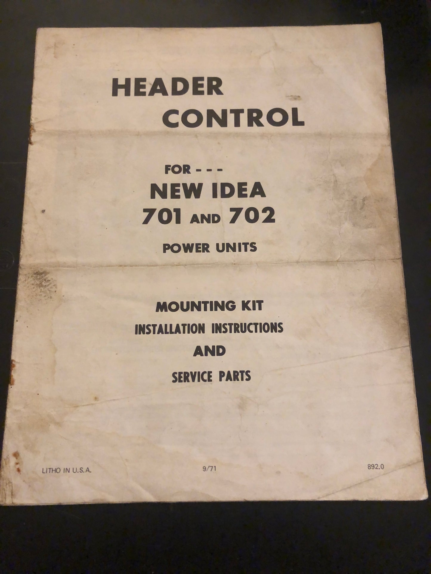 New Idea _ Header Control 701 & 702 Power Units Mounting Kit _ Installation Instructions & Service Parts