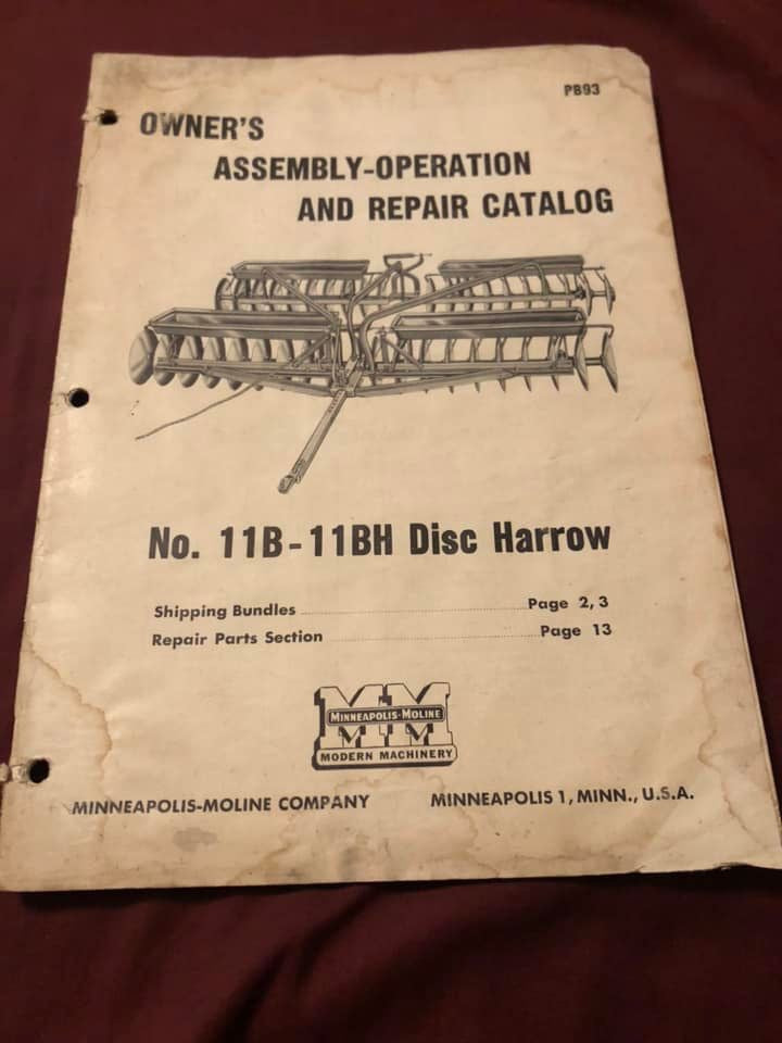 Minneapolis-Moline _ No 11B Disc Harrow _ Owners Assembly-Operation & Repair Catalog