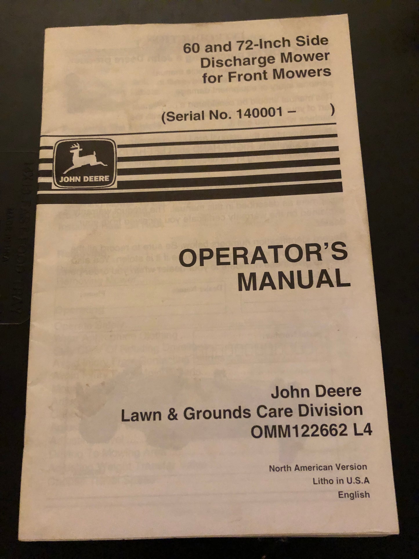 John Deere _ 60 & 72-inch Side Discharge Mower for Front Mowers  (serial No. 140001-) _ Operator’s Manual