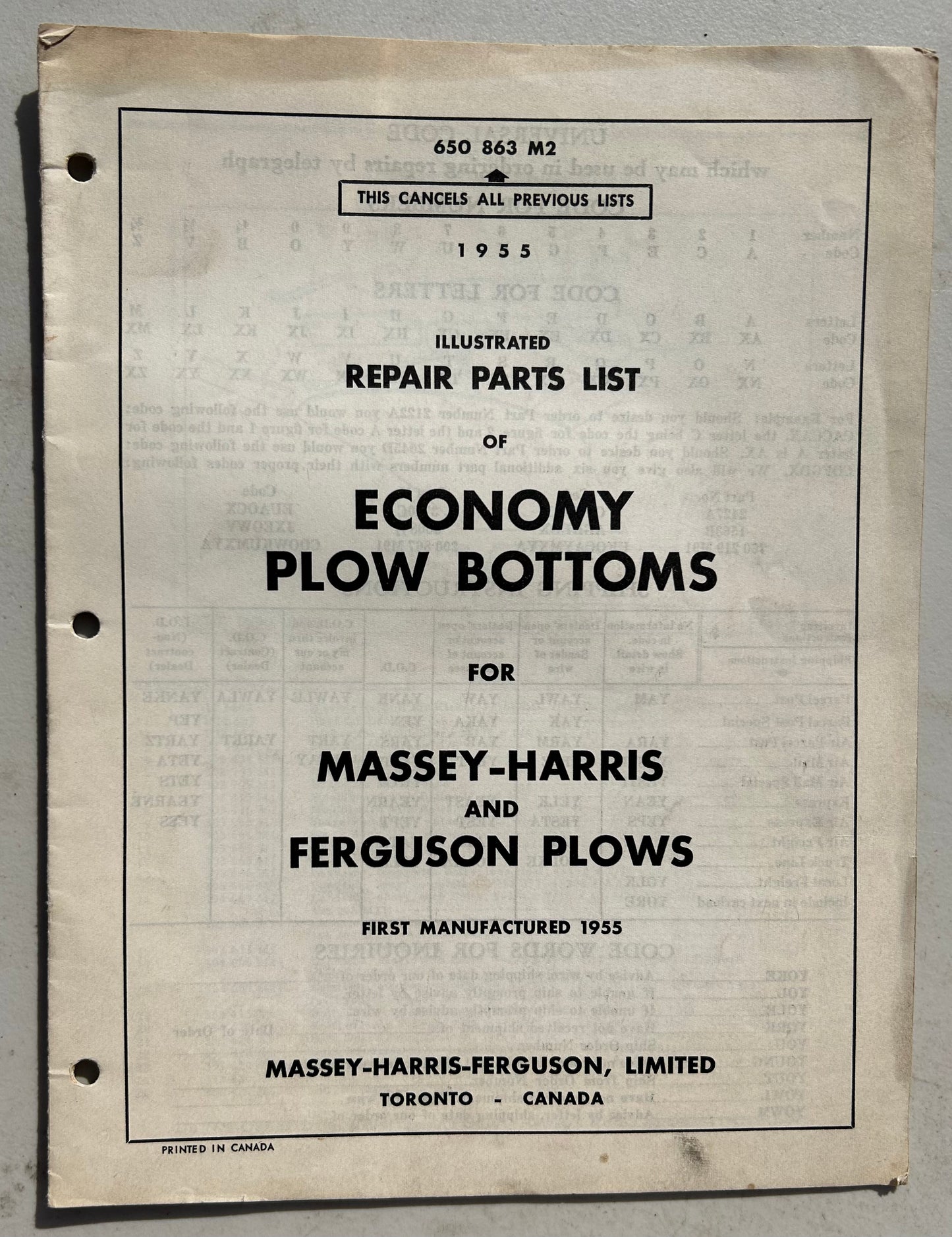 Massey-Harris Economy Bottom Plows _ Illustrated Repair Parts List