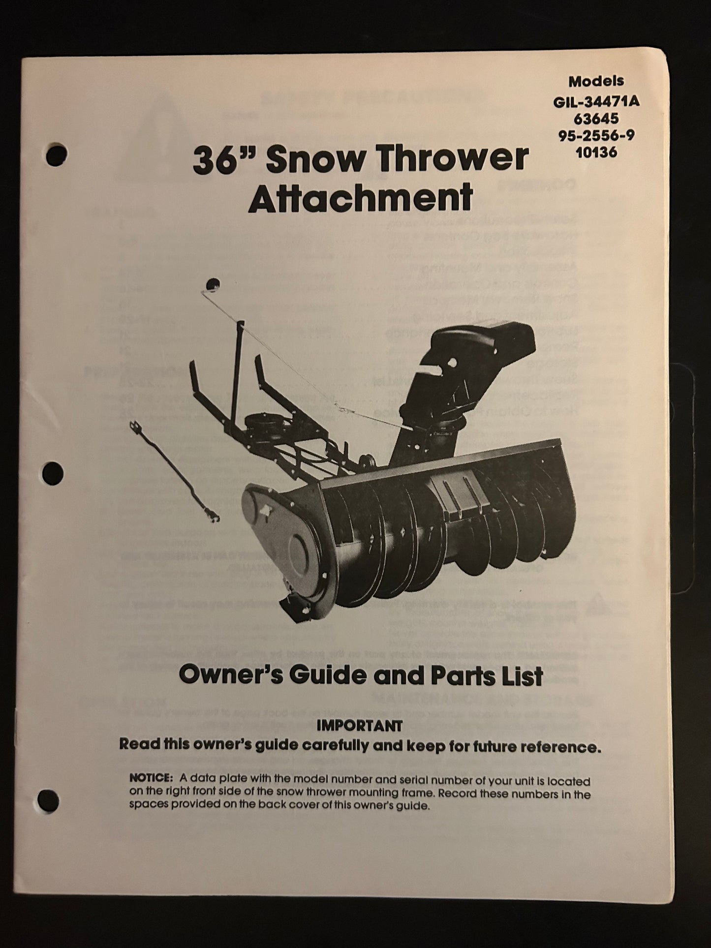 Bolens _ 36” Snow Thrower Attachment models GIL-34471A, 63645, 95-2556-9 & 10136 _ Owner’s Guide & Parts List