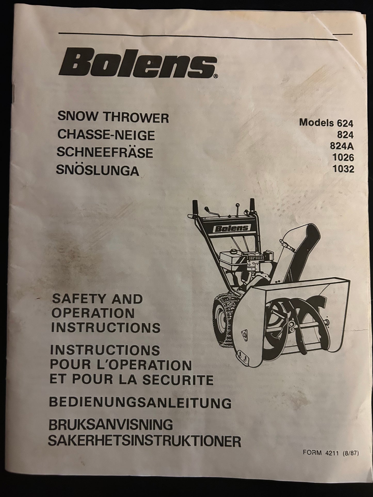 Bolens _ Snow Thrower model 624, 823, 824A, 1026 & 1032 _ Safety & Operation Instructions