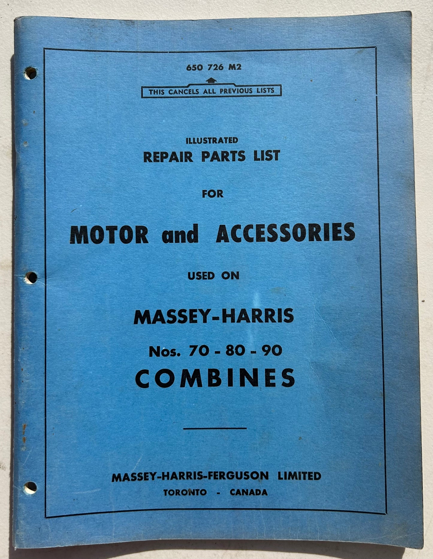 Massey-Harris Motor & Accessories for No 70 - 80 -90 Combines  _ Illustrated Repair Parts List