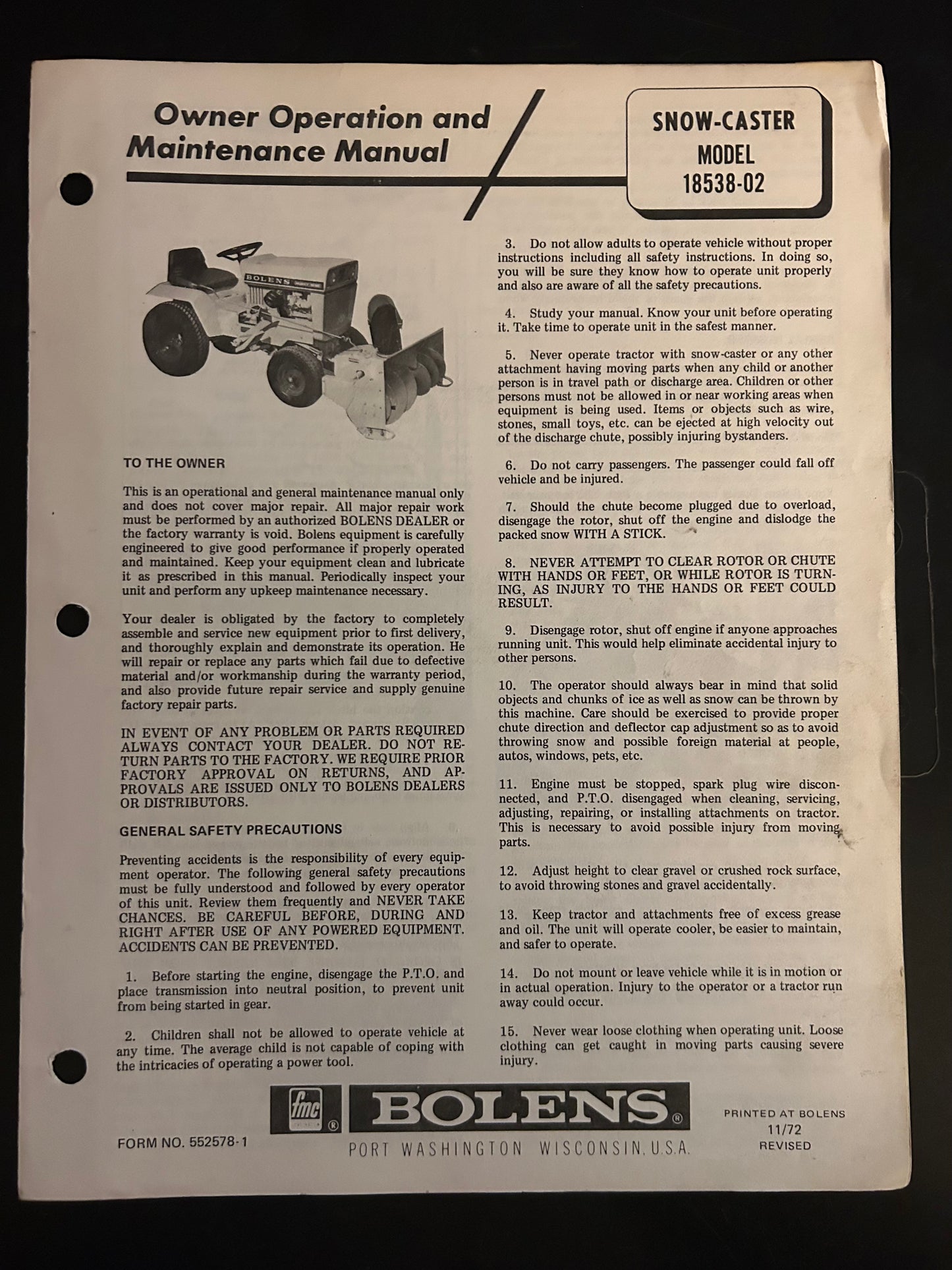 Bolens _ Snow Caster model 18538-02 _ Owner Operation & Maintenance Manual