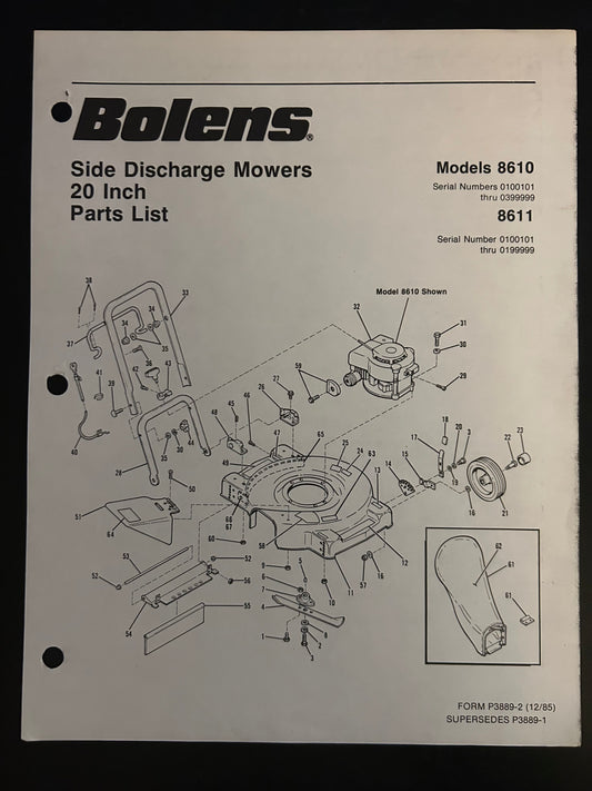 Bolens _ Side Discharge Mowers 20” model 8610 & 8611 _ Parts List