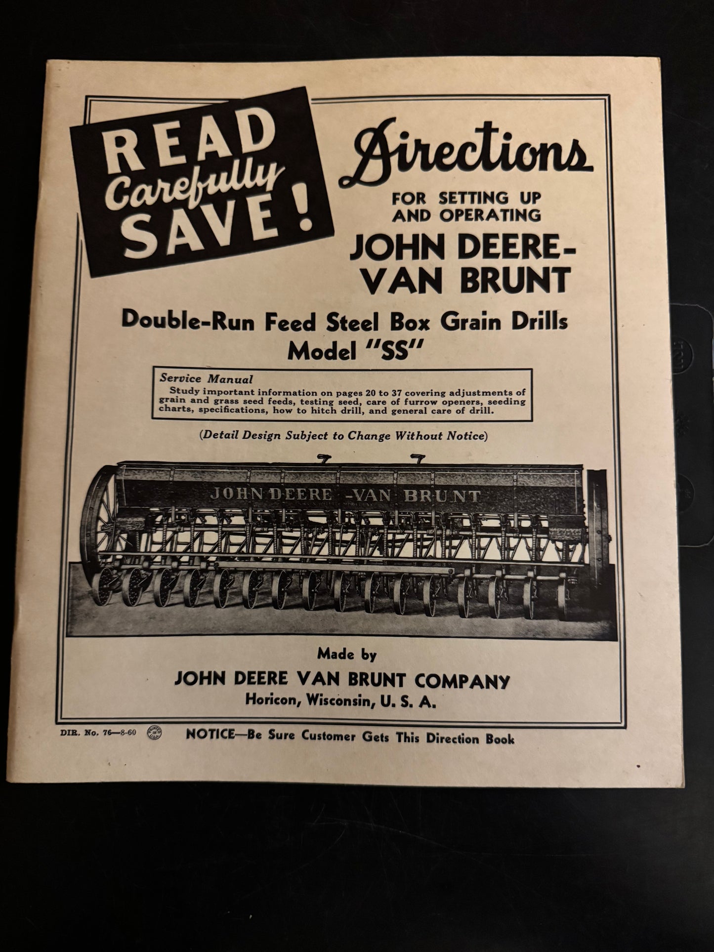 John Deere _ Van Brunt Double-Run Feed Steel Box Grain Drills model SS _ Directions for setting up & Operating