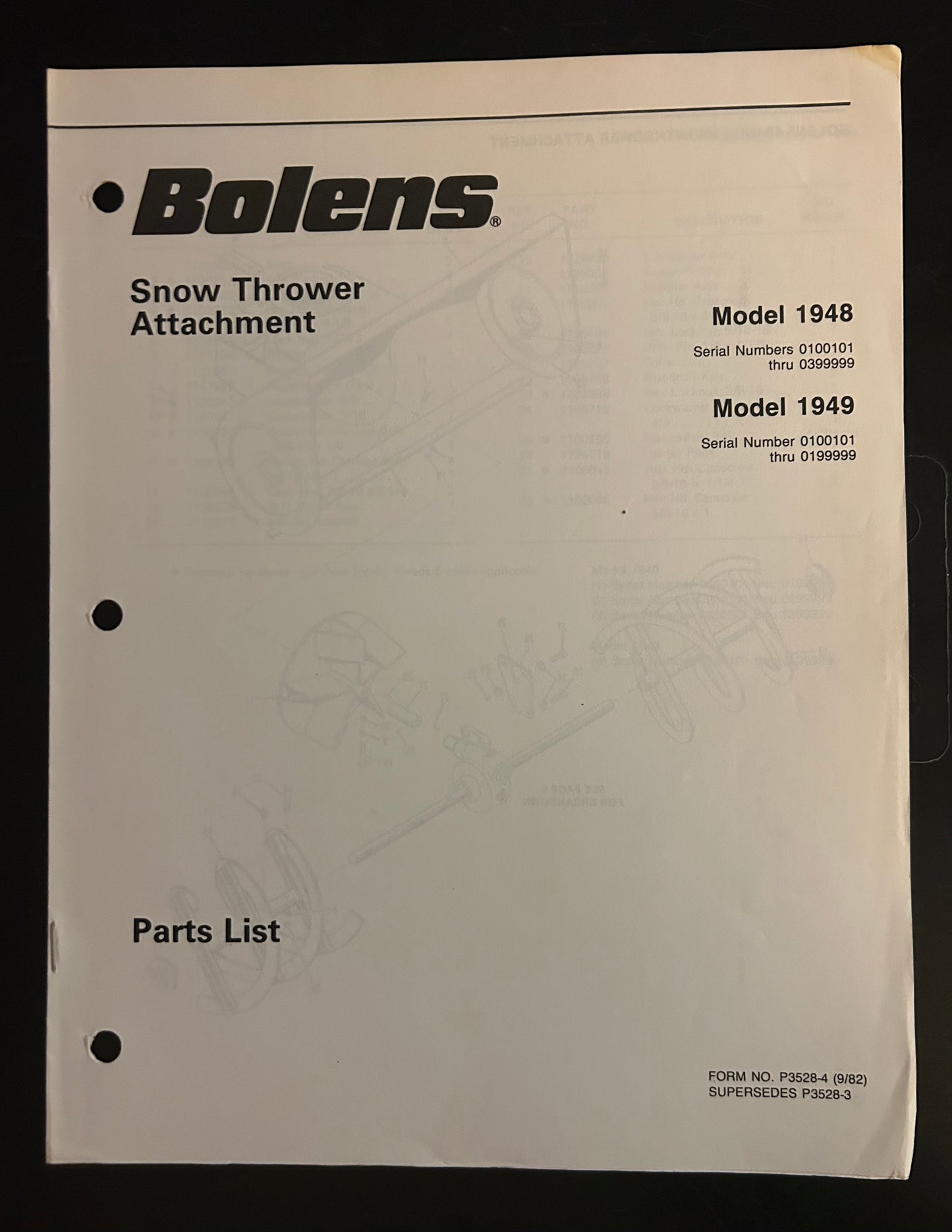 Bolens _ Snow Thrower Attachment model 1948 & 1949 _ Parts List