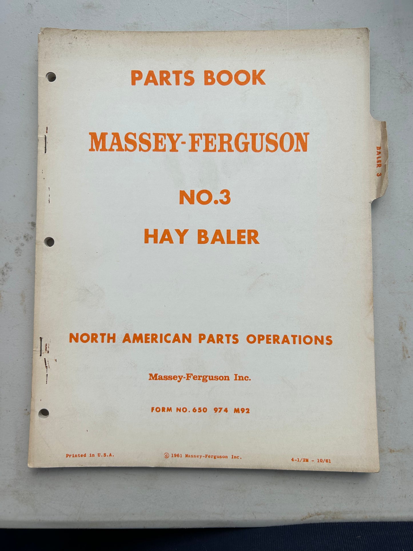 Massey Ferguson No 3 Hay Baler  _ Parts Book