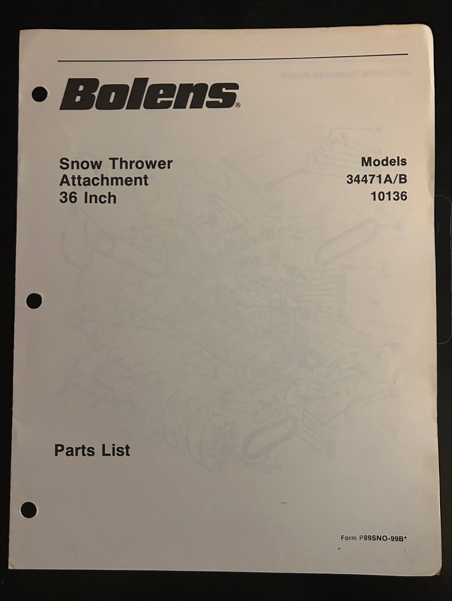Bolens _ Snow Thrower Attachment 36” model 34471A/B & 10136 _ Parts List