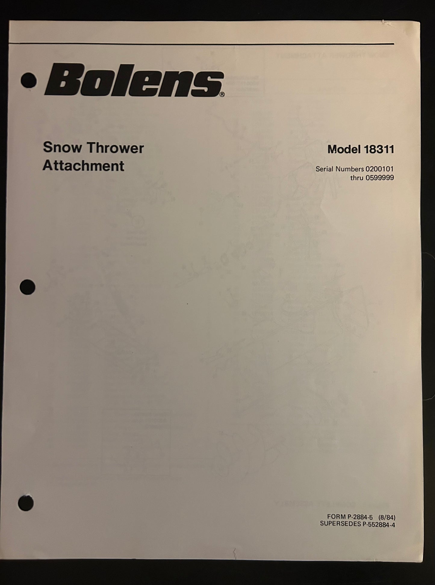 Bolens _ Snow Thrower Attachment model 18311 _ Parts List