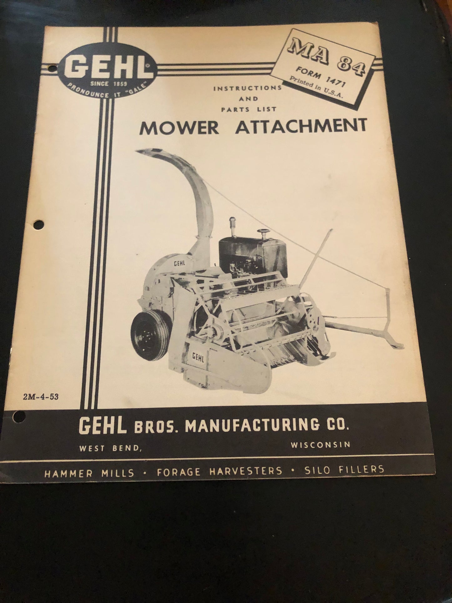 Gehl _ Mower Attachment MA 84 _ Instructions & Parts List form 1471