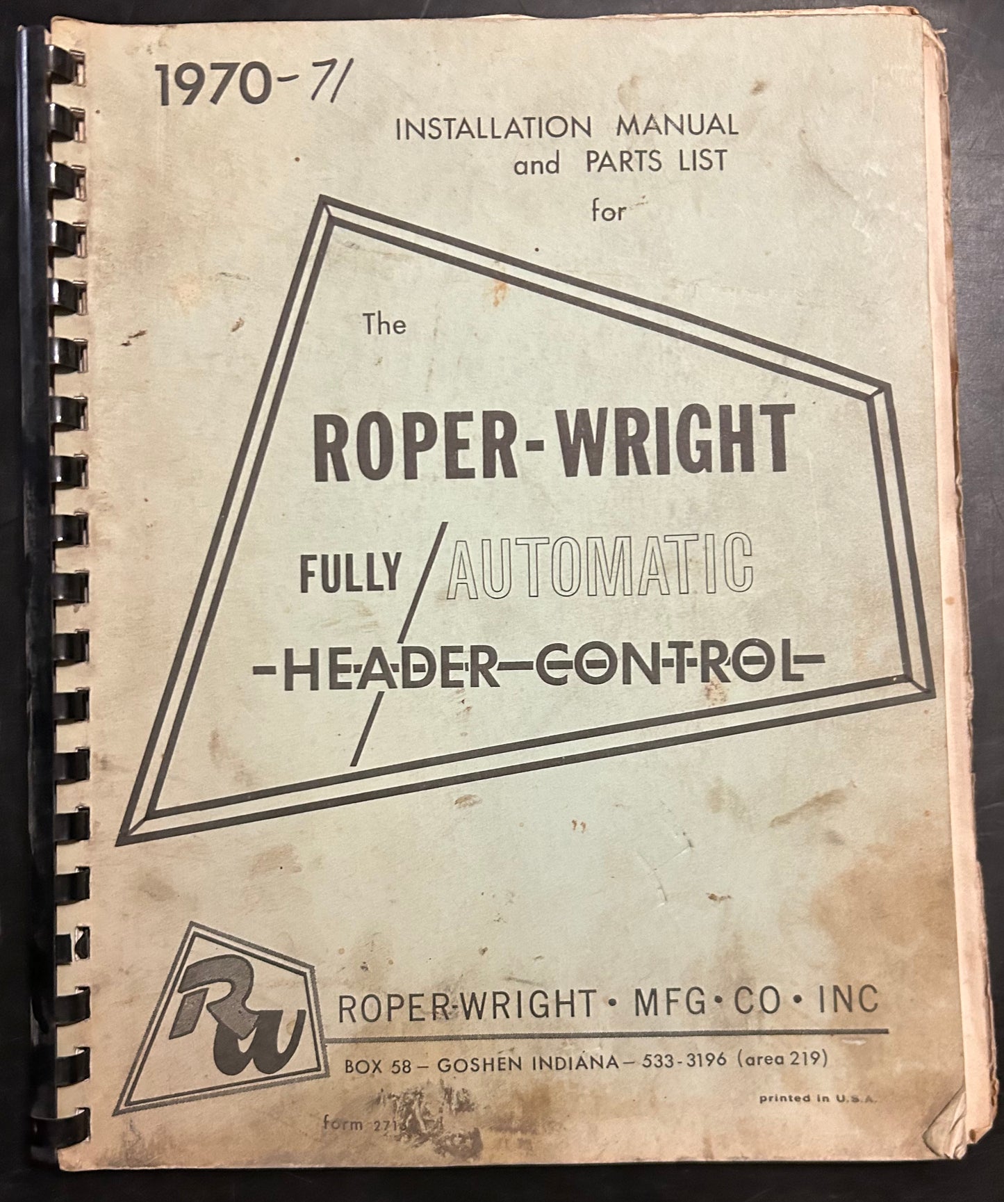 Roper-Wright _ Fully Automatic Header Control _ Installation Manual & Parts List