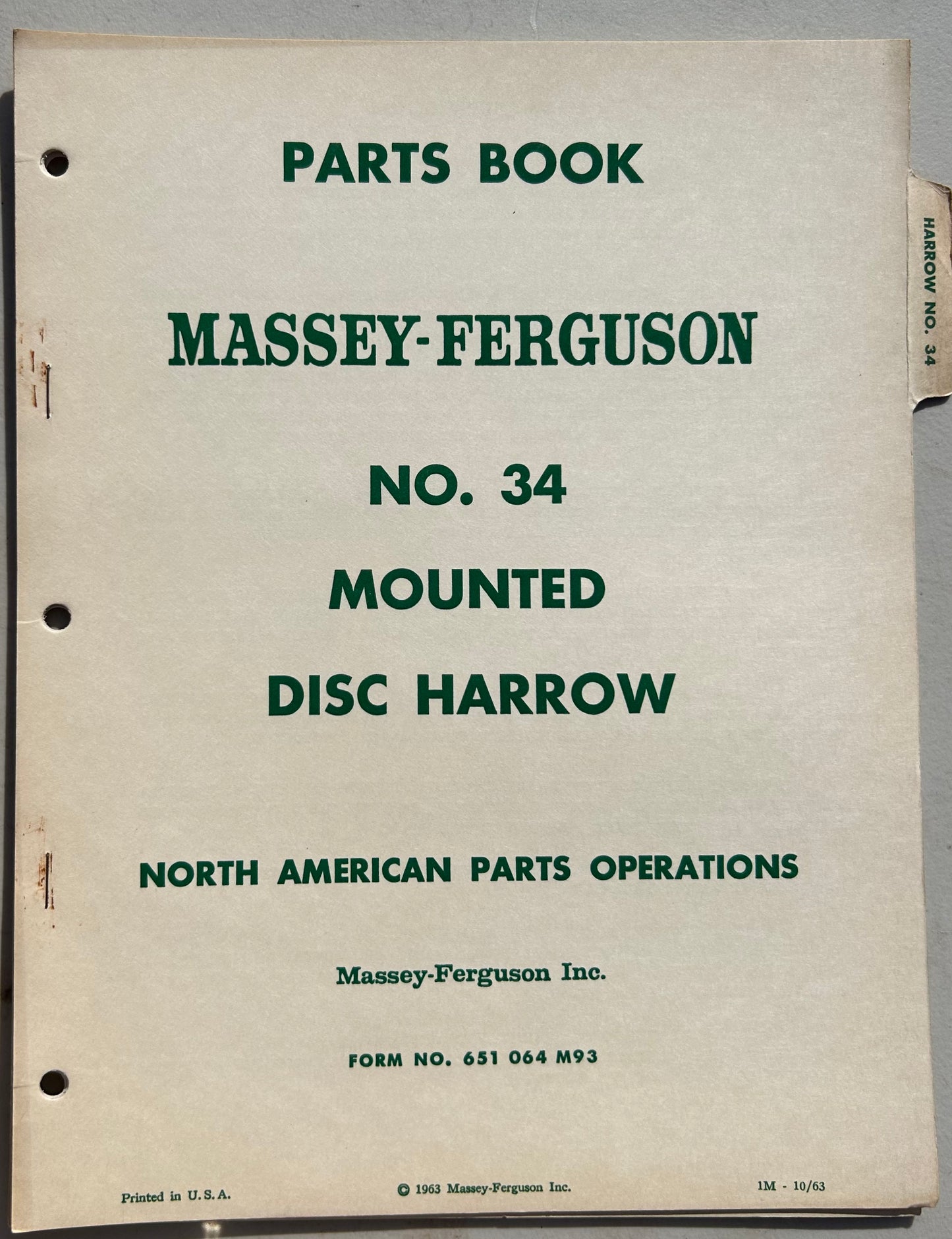 Massey Ferguson No 34 Mounted Disk Harrow _ Parts Book