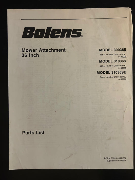 Bolens _ Mower Attachment 36” model 30036S, 31036S & 31036SE _ Parts List