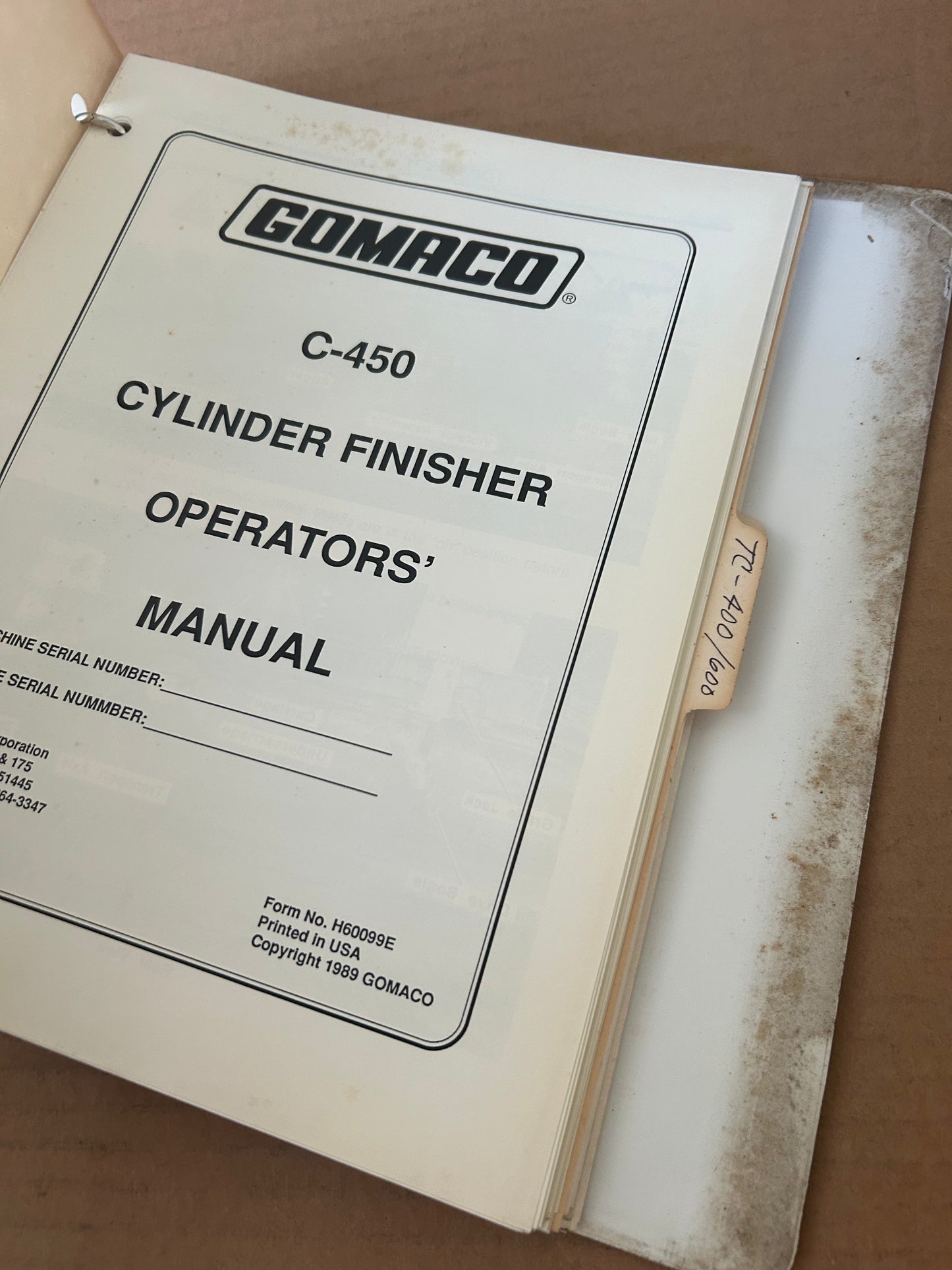 Gomaco _ C-450 Cylinder Finisher, TC-400/600 Texture/Cure & PS-60 Concrete Placer _ Operators & Parts Manual