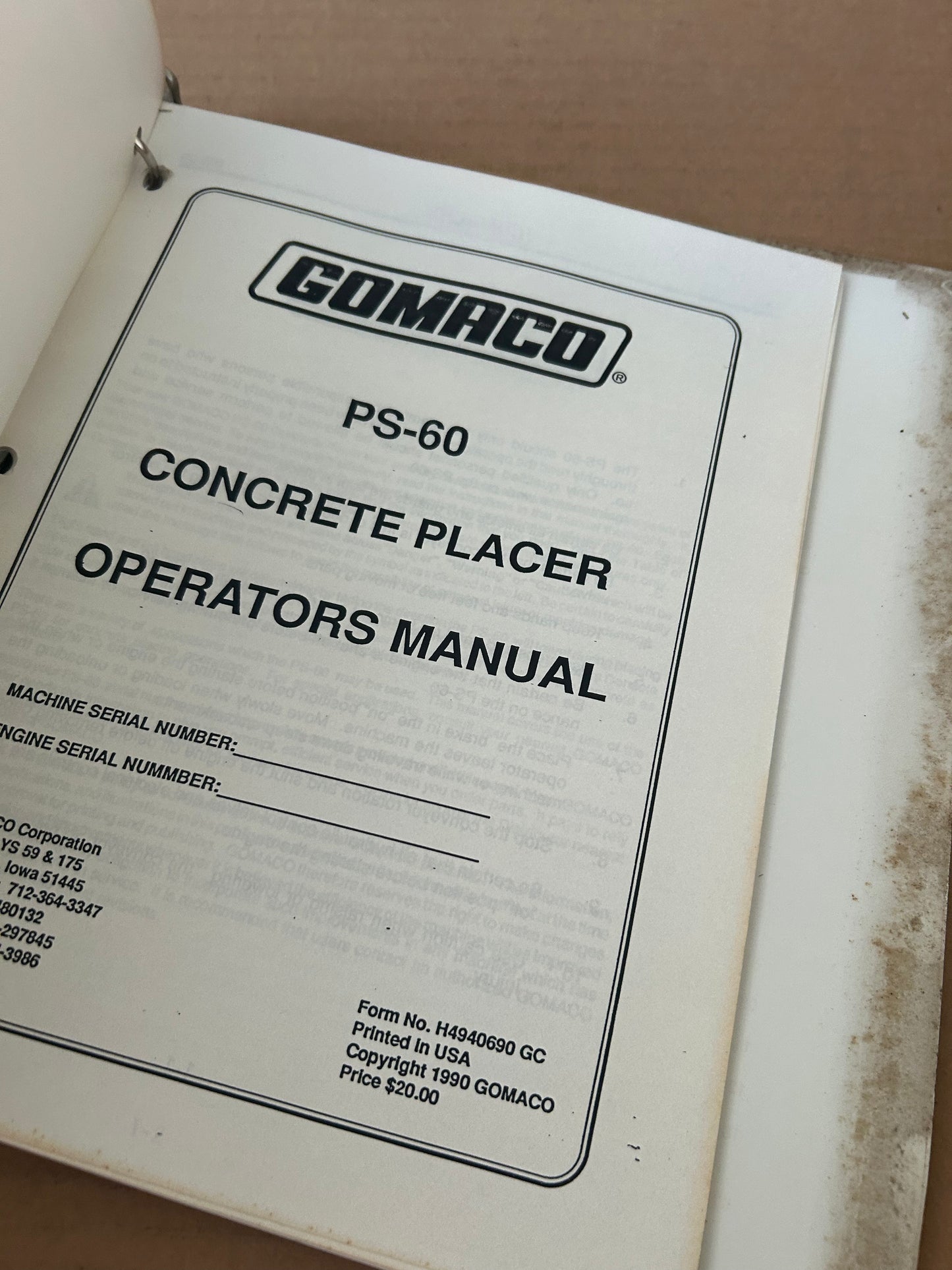 Gomaco _ C-450 Cylinder Finisher, TC-400/600 Texture/Cure & PS-60 Concrete Placer _ Operators & Parts Manual