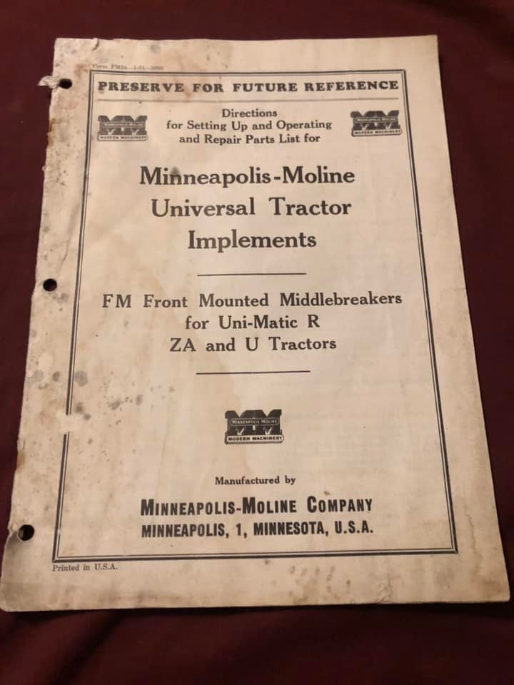 Minneapolis-Moline _ Universal Tractor Implements _ Directions for Setting Up & Operating with Repair Parts List