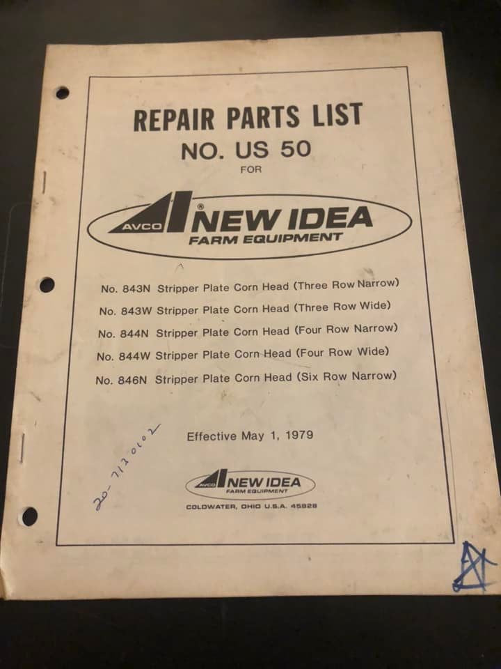 New Idea _ no 843N, 843W, 844N, 844W & 846N Stripper Plate Corn Heads US-59 _ Repair Parts List