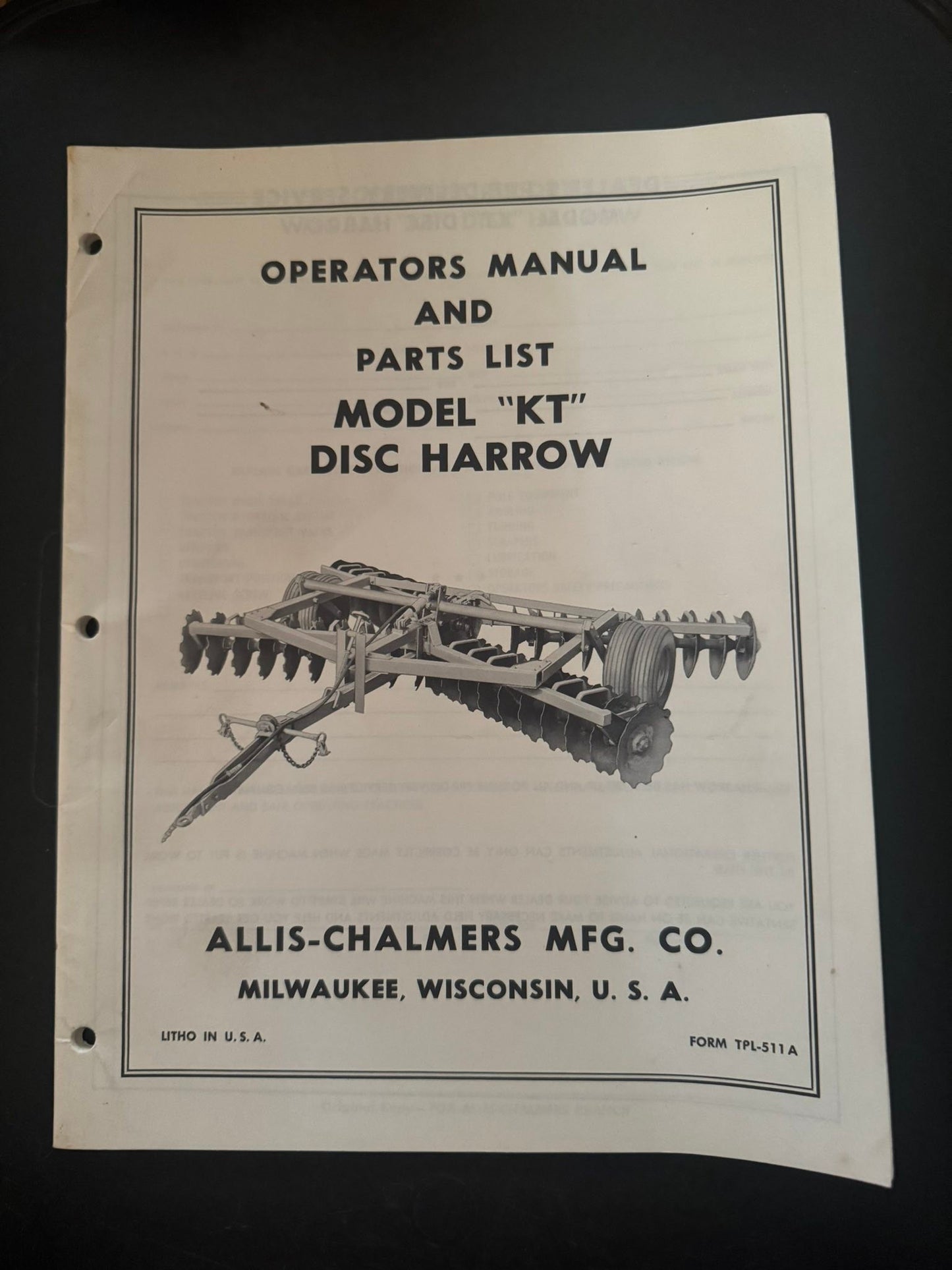 Allis-Chalmers Model KT Disc Harrows  _ Operators Manual & Parts List