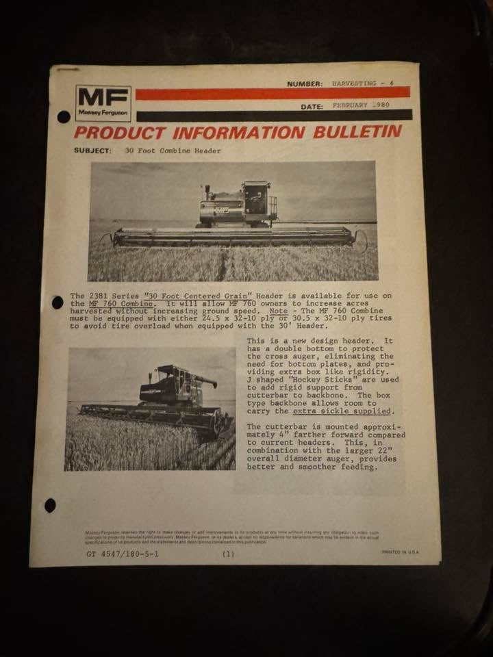 Massey Ferguson _ 30’ Combine Header February 1980 _ Product Info Bulletin