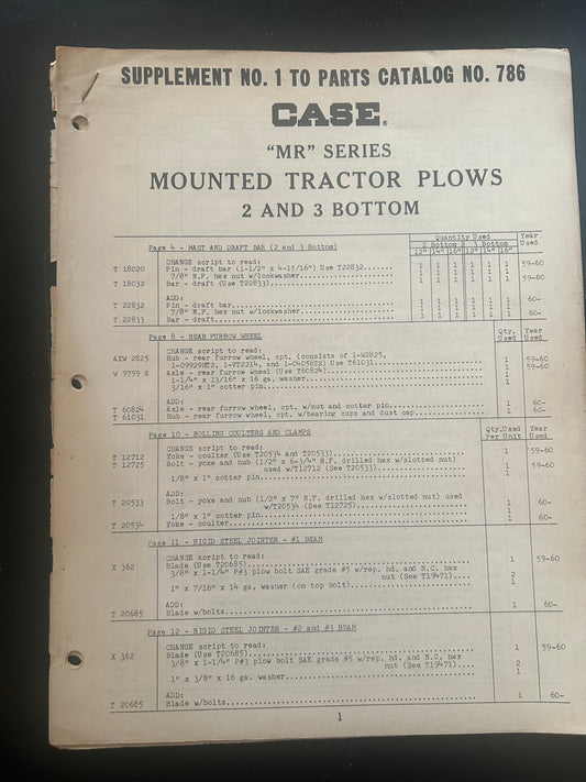 Case _ "MR" SERIES
MOUNTED TRACTOR PLOWS
2 & 3 BOTTOM _ Supplement 1 to Parts Catalog 786