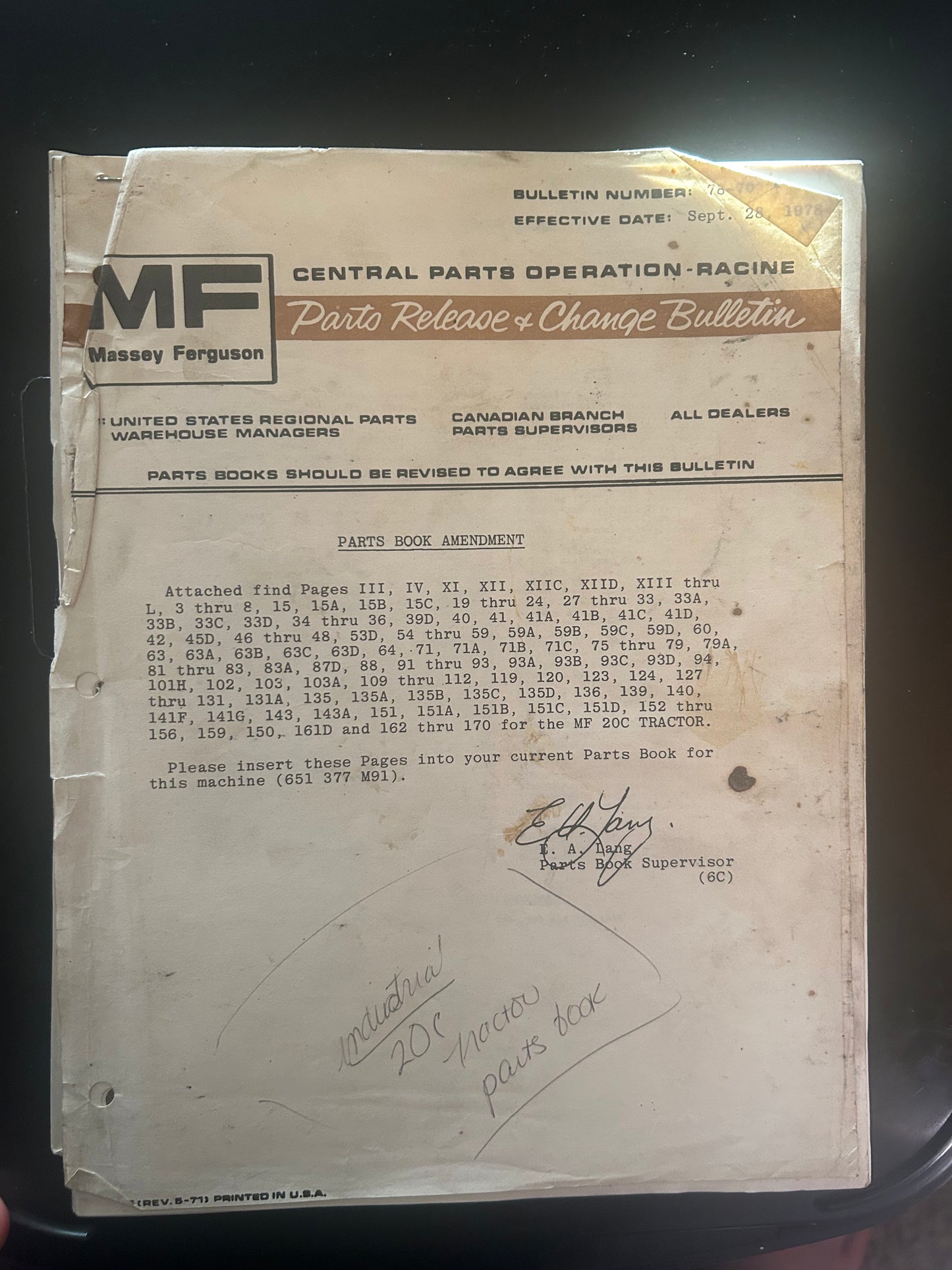 Massey Ferguson _ BULLETIN NUMBER: 78-70, EFFECTIVE DATE: Sept. 28 1978 _ Parts Book Ammendment for MF 20C Tractor