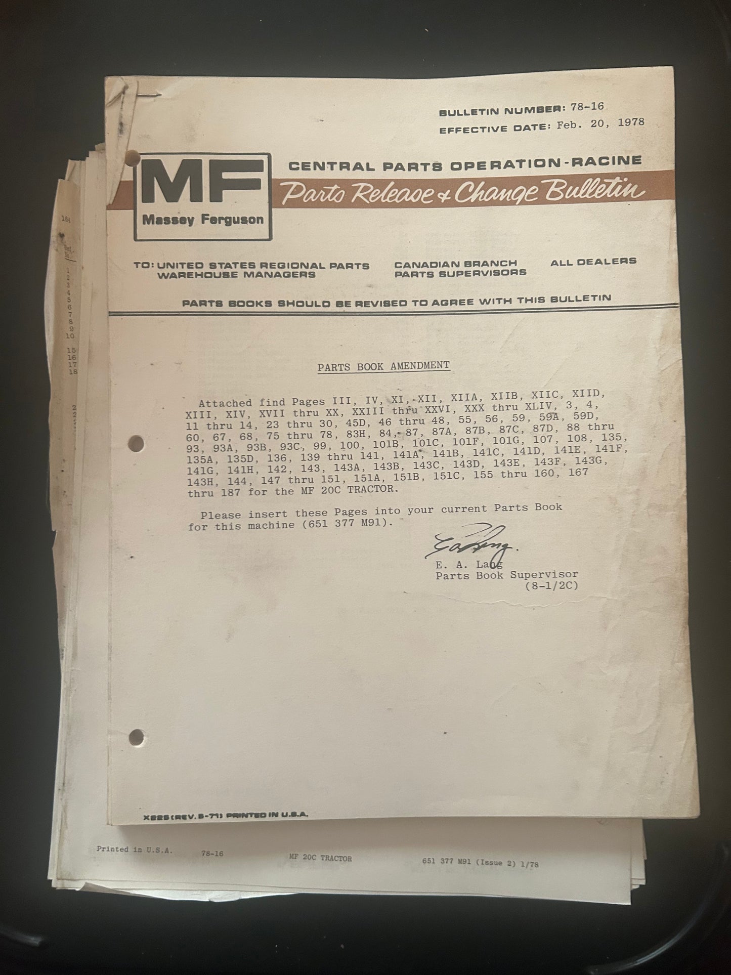 Massey Ferguson _ BULLETIN NUMBER: 78-16, EFFECTIVE DATE: Feb. 20, 1978 _ Parts Book Ammendment for MF 20C Tractor