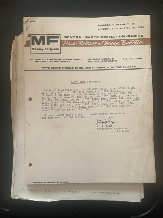 Massey Ferguson _ BULLETIN NUMBER: 78-16, EFFECTIVE DATE: Feb. 20, 1978 _ Parts Book Ammendment for MF 20C Tractor