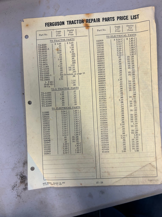 Ferguson Tractor _ Vintage Repair Parts Price List