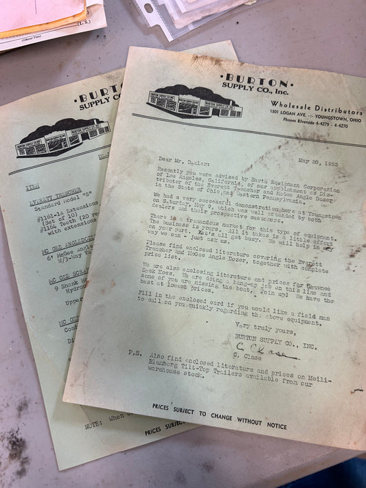 Burton Supply _ Everett Trencher Vintage Letter & Price Sheet