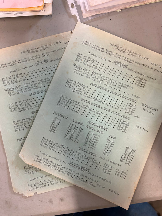 Shawnee Manufacturing _ Vintage Price Sheet