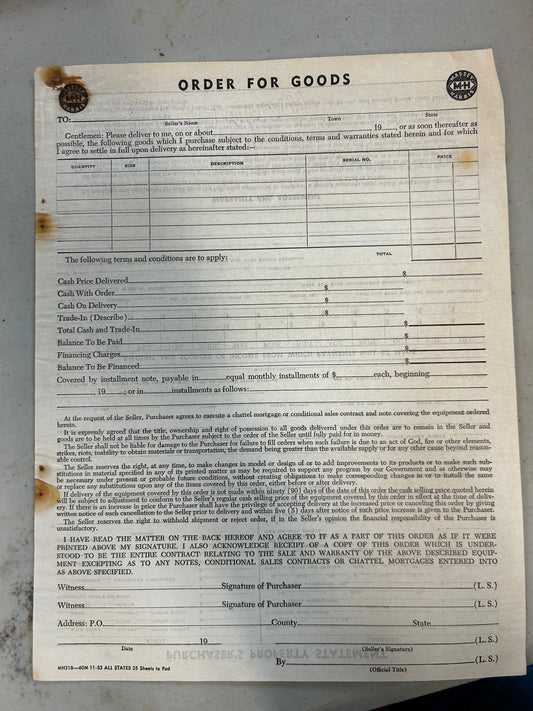 Massey Harris _ Vintage Order Form