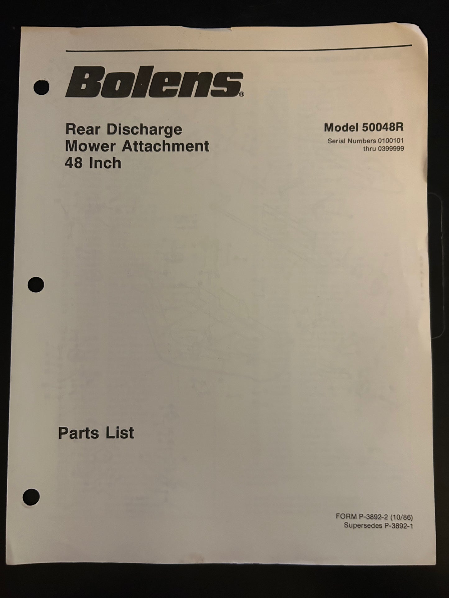 Bolens _ Rear Discharge Mower Attachment 48” model 50048R _ Parts List