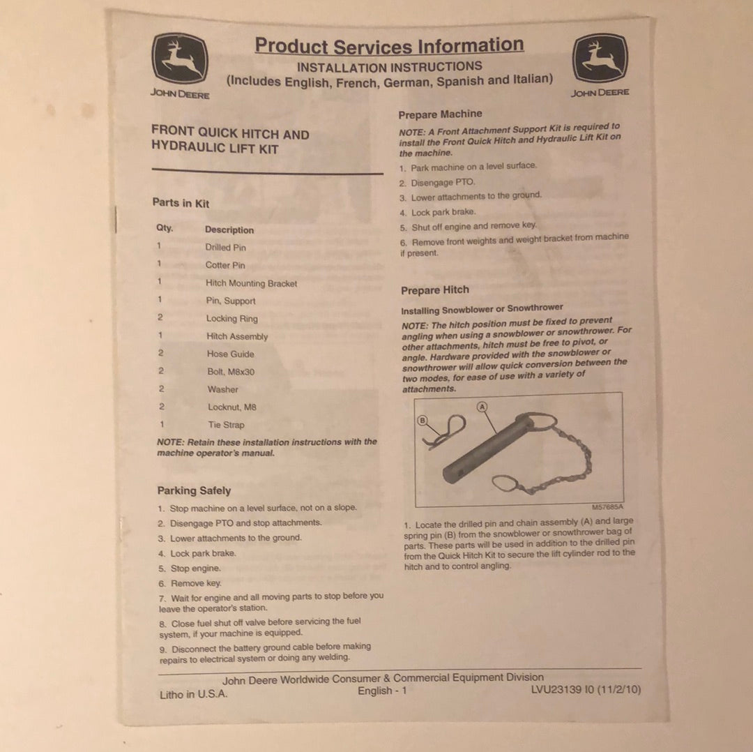 John Deere Front Quick Hitch & Hydraulic Lift Kit_ Product Services Information