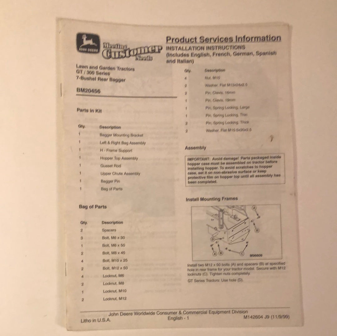 John Deere Installation Instructions 7 Bushel Rear Bagger